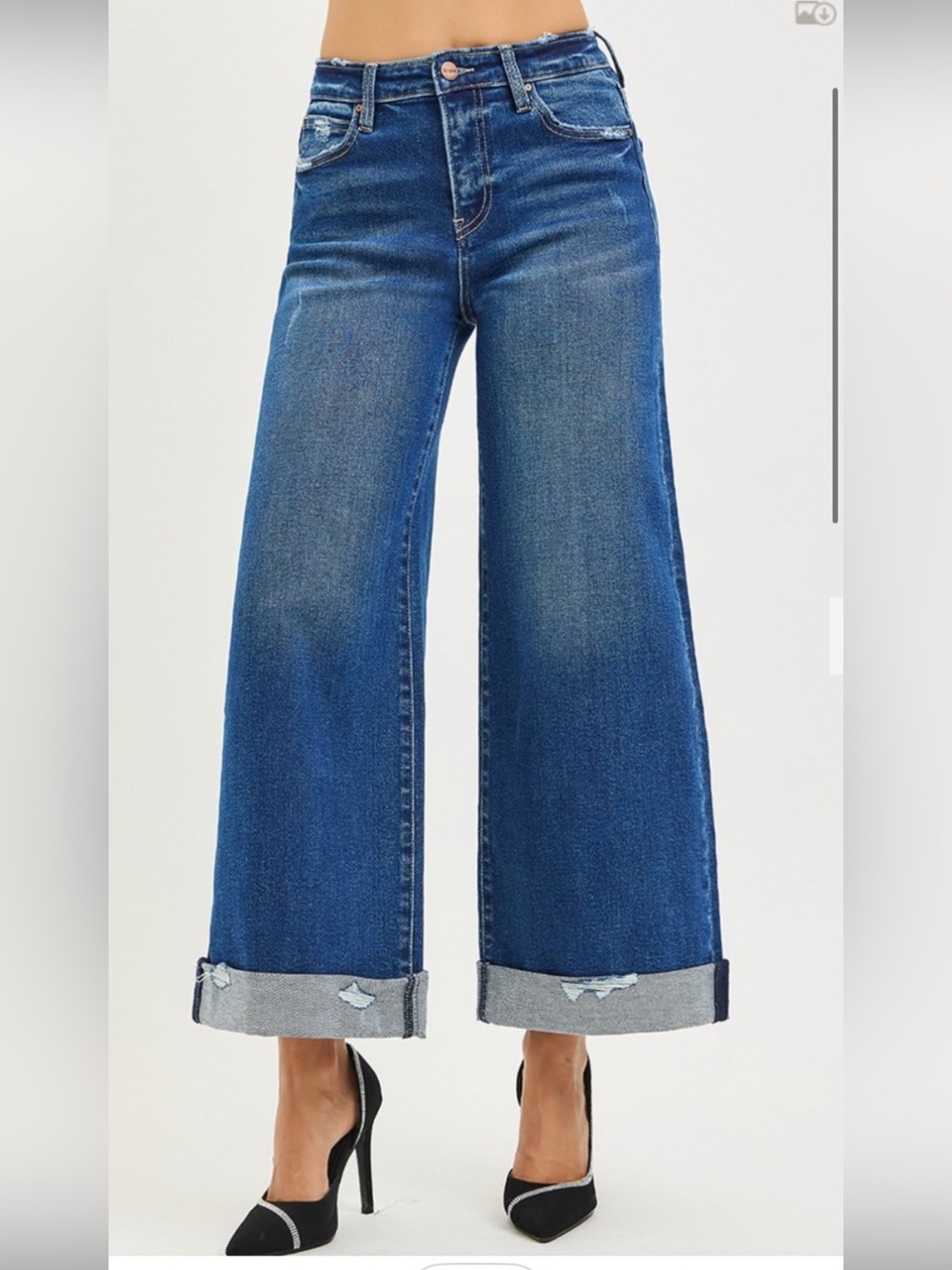 97 RISEN HIGH RISE CROP WIDE DISTRESSED CUFF JEANS